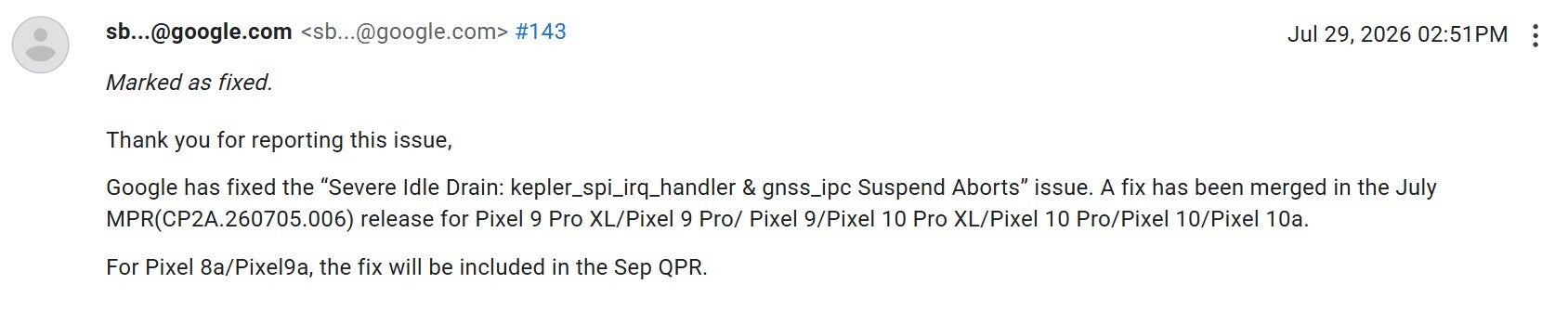 Comment saying the battery drain issue has been fixed.