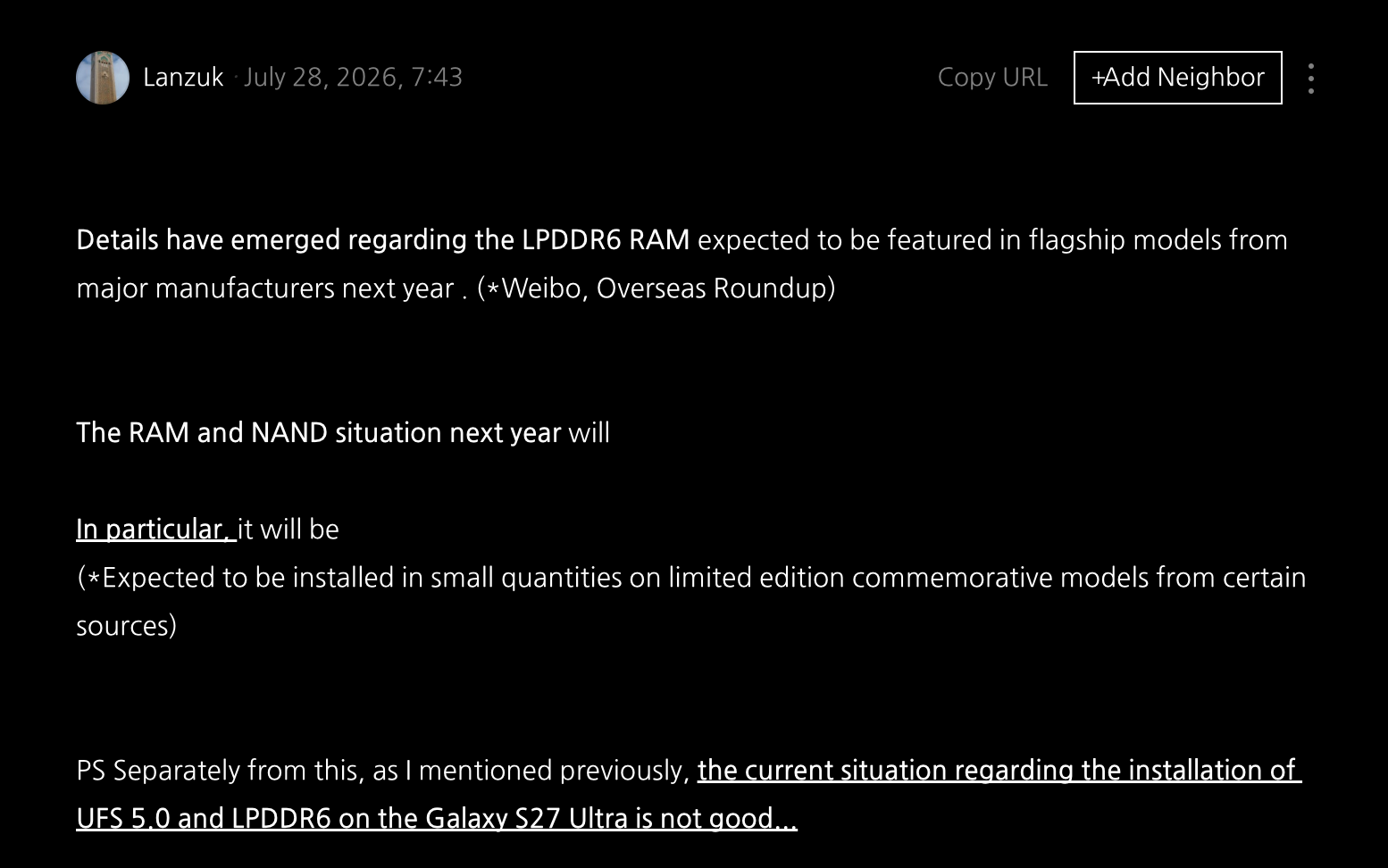 Galaxy S27 Ultra no LPDDR6 UFS 5.0