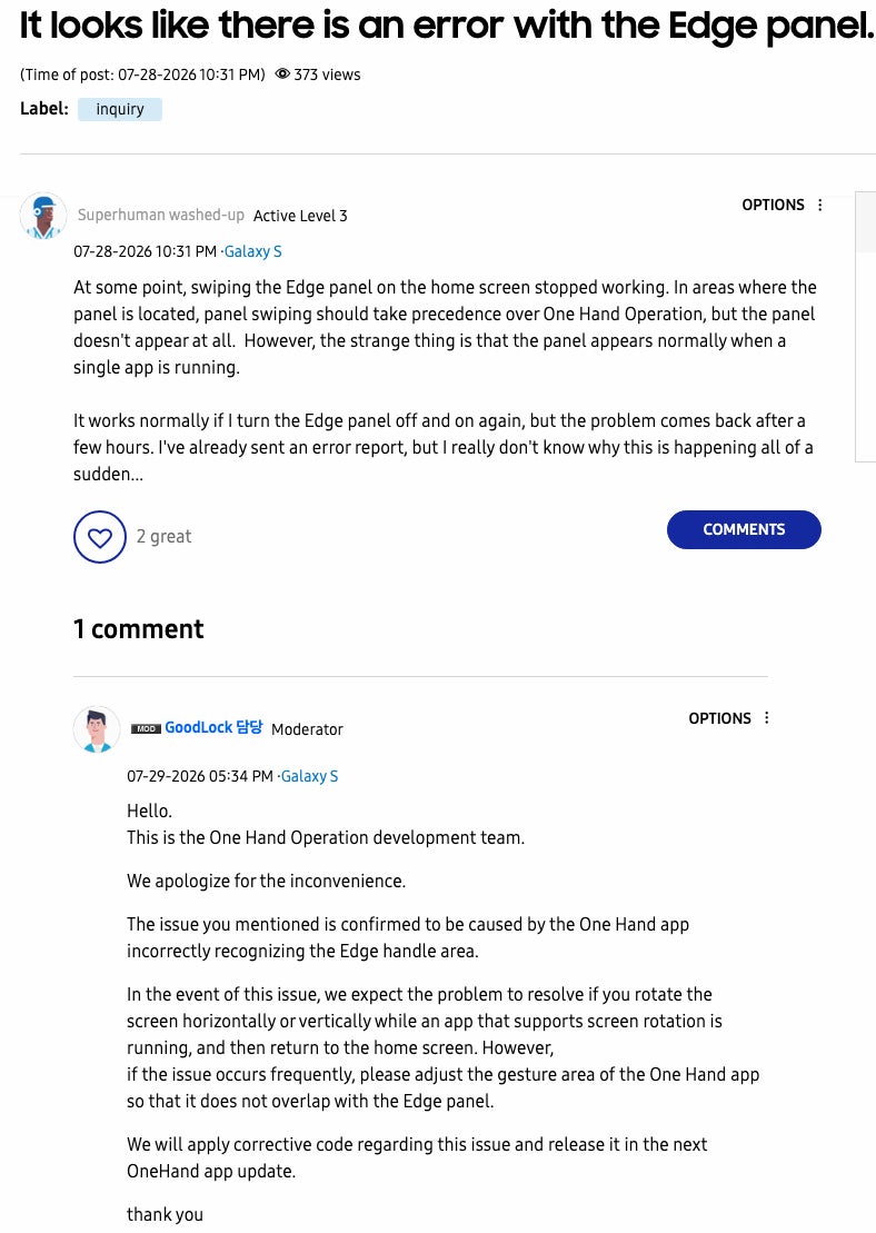 Samsung Community forum post about the Edge Panel bug