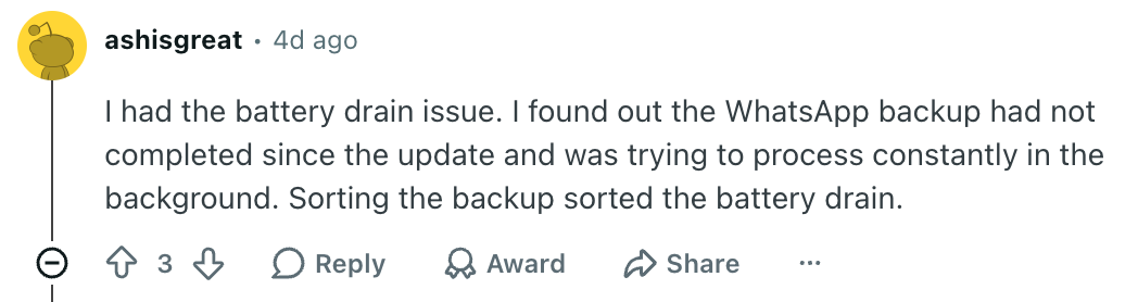 WhatsApp was the issue for at least several users. | Image by Reddit (Screenshot - Battery drain and overheating plague Galaxy phones after the latest software update