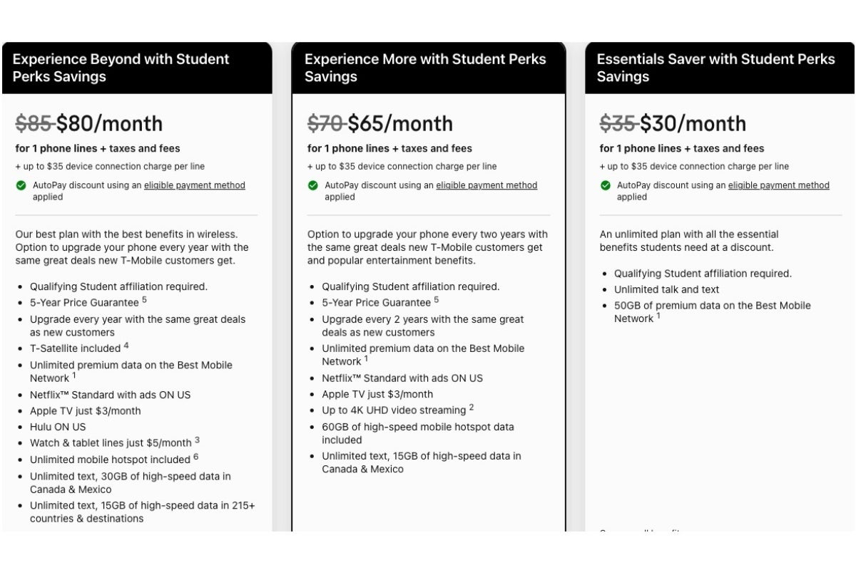 T-Mobile student plans benefits and prices for one line