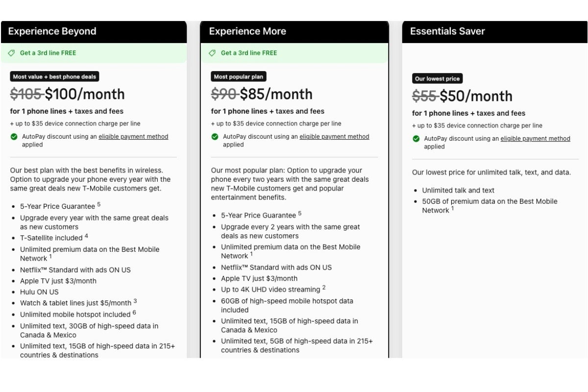 T-Mobile plans benefits and prices for one line