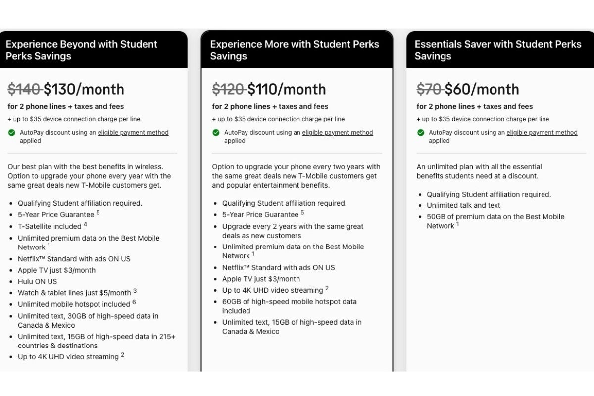 T-Mobile student plans benefits and prices for two lines
