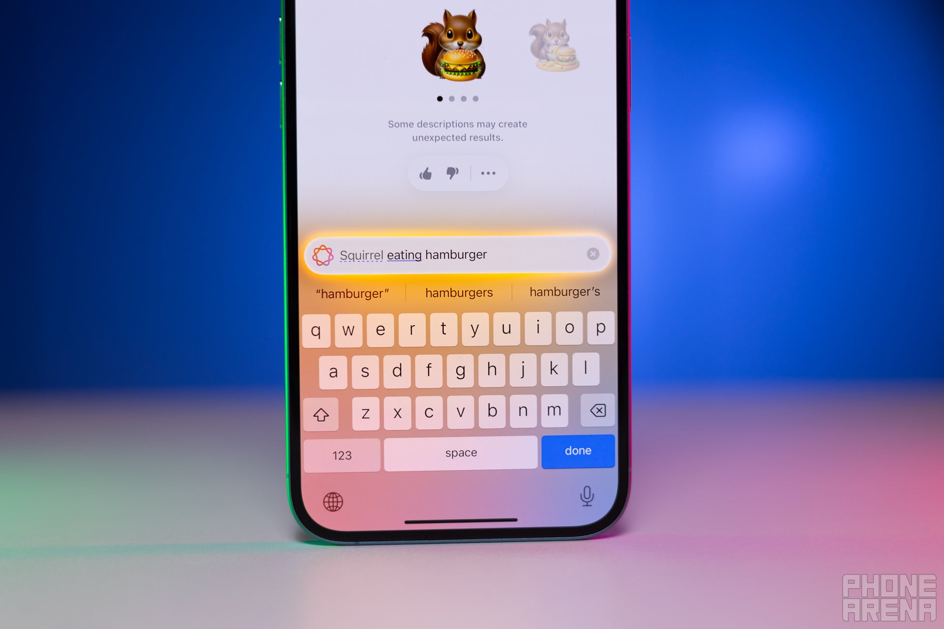 iPhone generating squirrel images from a typed Apple Intelligence prompt