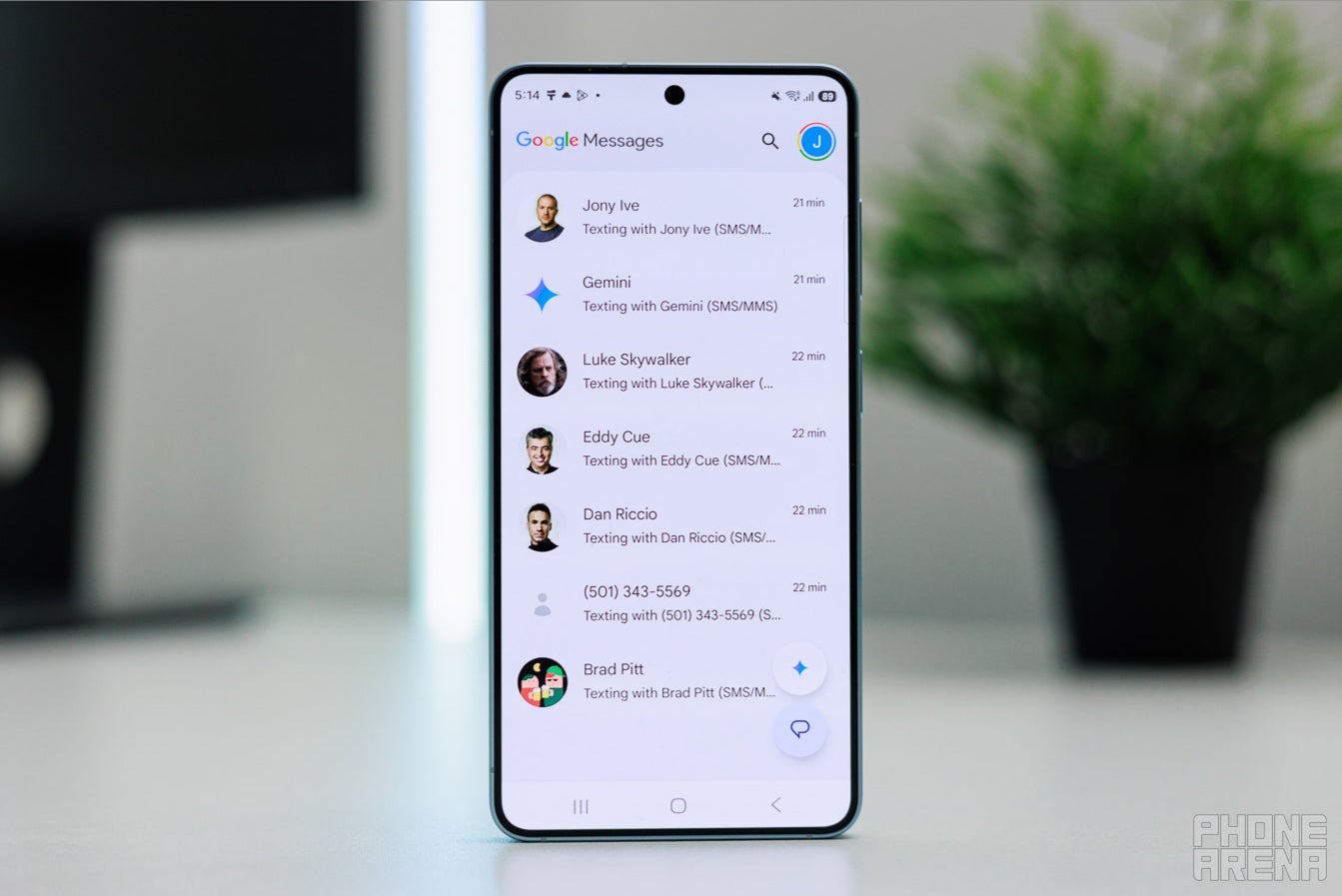 Google Messages inbox showing contact names and profile pictures