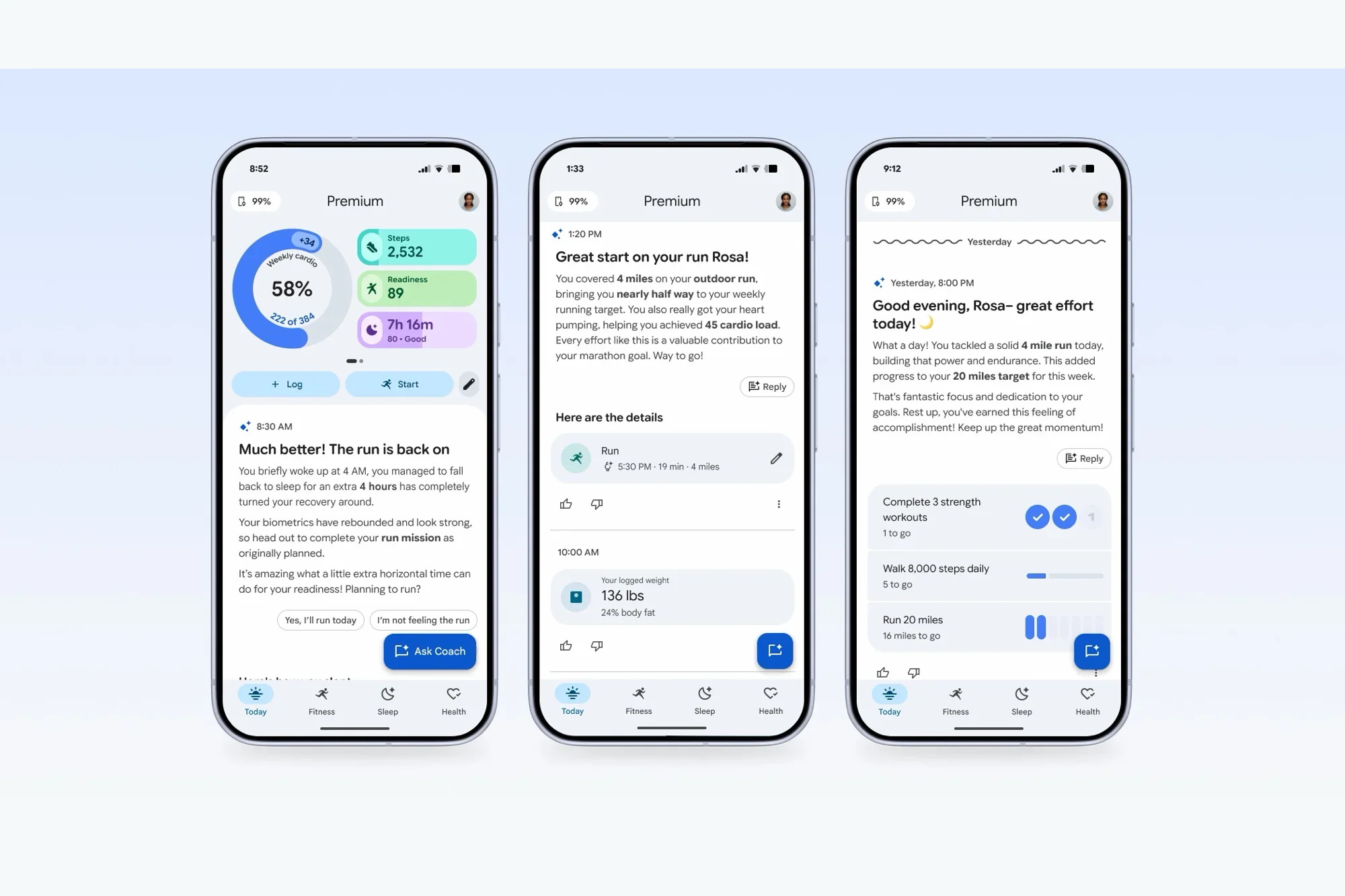 Three phone screens showing Google Health Coach messages and daily stats