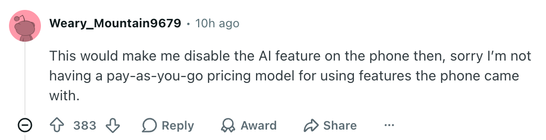 AI is not exactly popular right now. | Image by Reddit (Screenshot - iPhone 18 Pro could end up with a brutal price hike after all