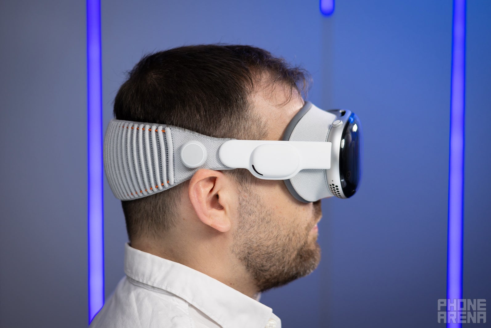 Man wearing the Apple Vision Pro seen in side profile