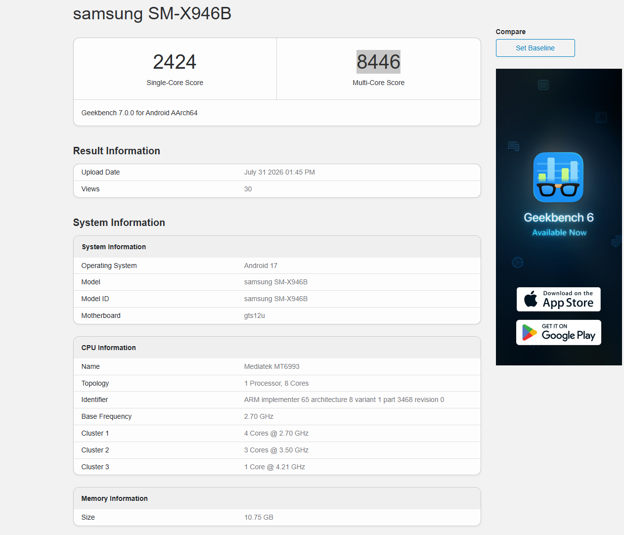 A slight 7-8% peformance boost? | Image by Geekbench - The Galaxy Tab S12 Ultra is a symptom of Samsung's innovation problem