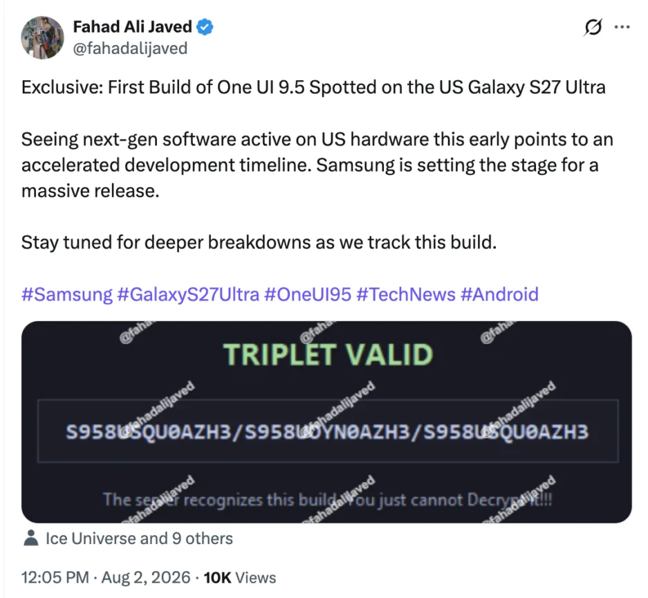 Samsung is testing One UI 9.5 on the Galaxy S27 Ultra. | Image by Fahad Ali Javed - Galaxy S27 Ultra is already cooking, and I know what software Samsung is testing it with right now