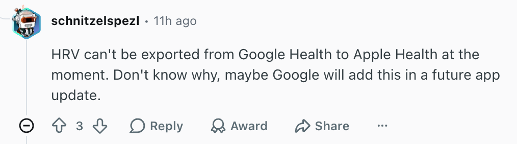 Some data won't sync. | Image by Reddit (Screenshot - Google Health update finally makes Fitbit sync properly with iPhones