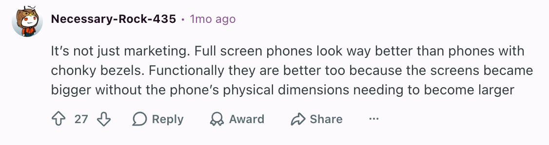 Thinner bezels come with some undeniable benefits. | Image by Reddit (Screenshot - This concept phone does something even the iPhone 20 might be unable to