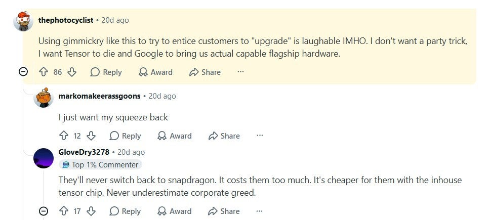 Reddit user requesting Google to offer flagship SoC.