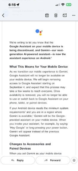 Screenshot of Google&amp;#039;s email detailing the end of Google Assistant.
