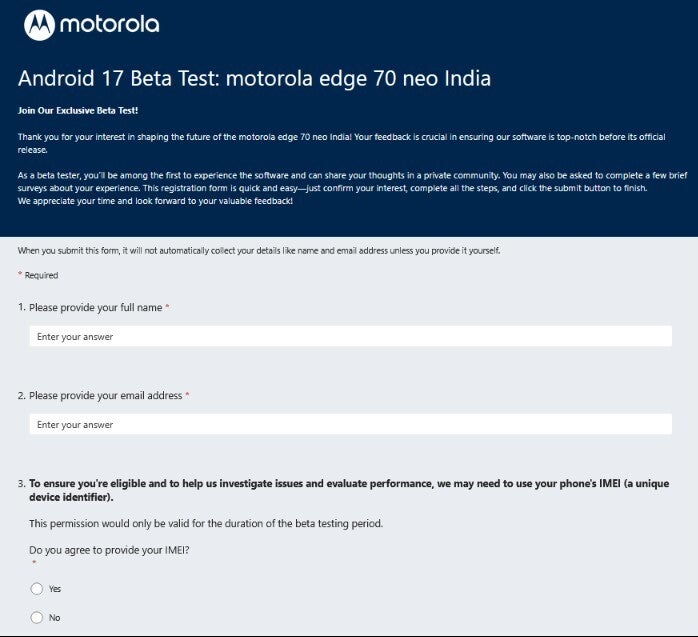 Form that prospective Motorola Edge 70 Neo beta testers must fill out.