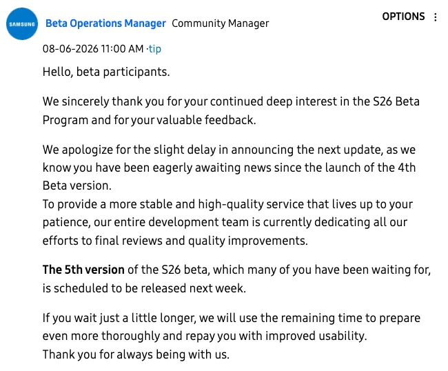 The official post on Samsung's Community forums. (translated from Korean) | Image by Tarun Vats - Bad news for Galaxy S26 owners waiting on the One UI 9 beta