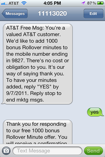AT&amp;T gives its customers 1,000 free Rollover minutes