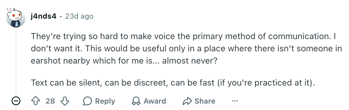 Voice computing is not as popular as OpenAI may like it. | Image by Reddit (screenshot - The next self-proclaimed iPhone killer may be a mobile smart speaker