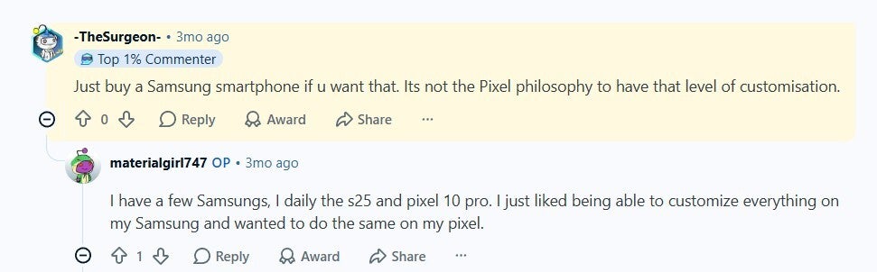 Reddit user praising Samsung for its customization edge over Pixel phones.