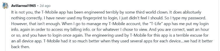 Reddit post by T-Mobile customer critical of the T-Life app.
