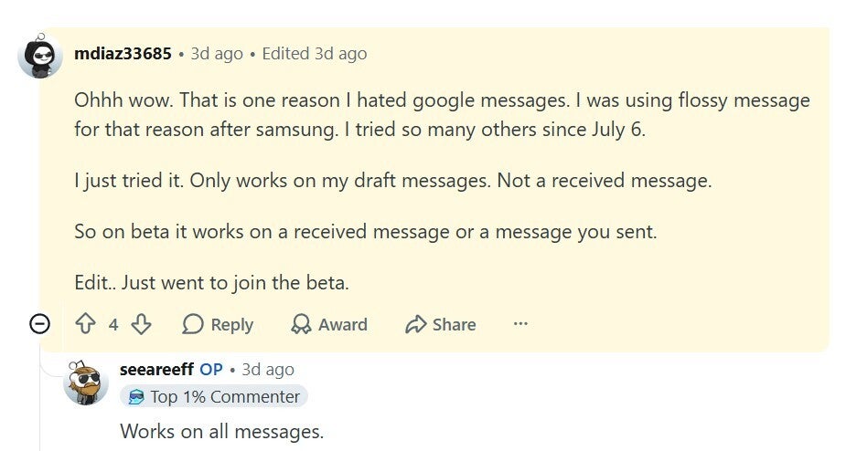 Reddit user complaining about the unavailablity of basic Google Messages features. | Image by Reddit - Thanks to these two long-overdue fixes, Google Messages finally feels like a real messaging app