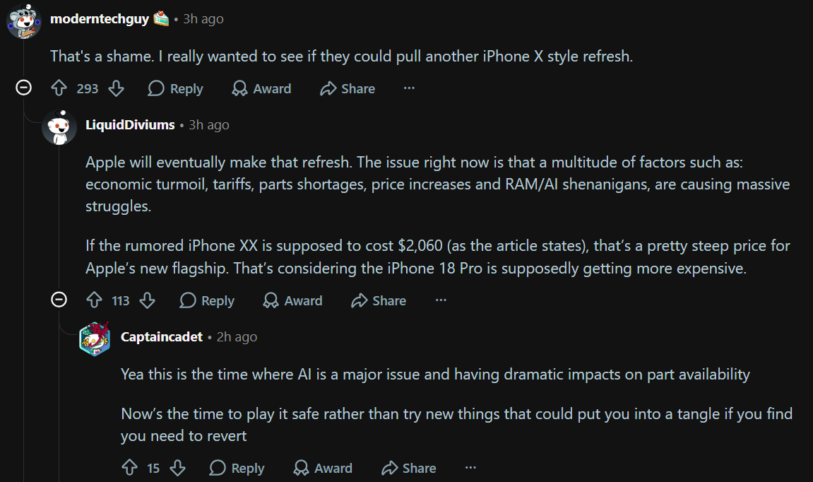 Apple fans discuss the cancelation of the iPhone 20 Pro. | Image by Reddit - Apple&rsquo;s most ambitious iPhone gets canceled due to yield issues