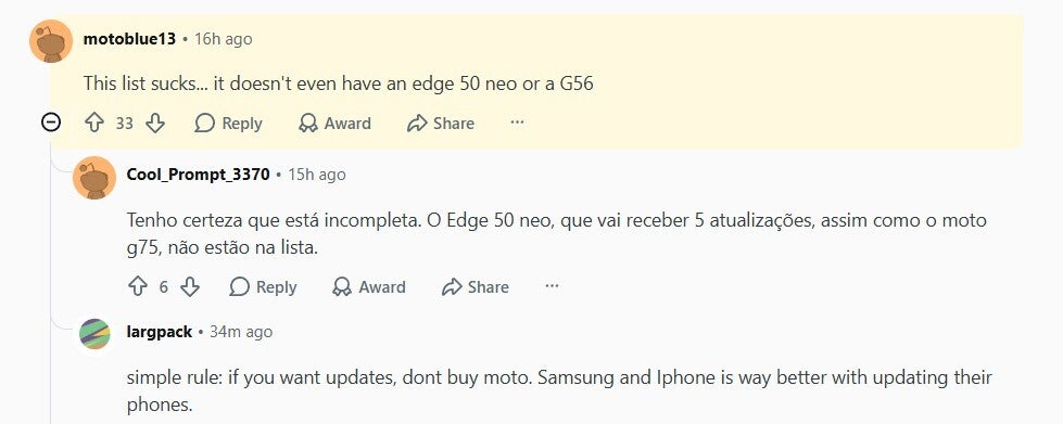 User complaining that popular Moto phones are missing from the list.