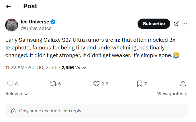 Rumor has it we won't see a 10MP 3x telephoto sensor on the S27 Ultra next year. | Image by IceUniverse - The Galaxy S27 Ultra's biggest camera upgrade may not happen after all