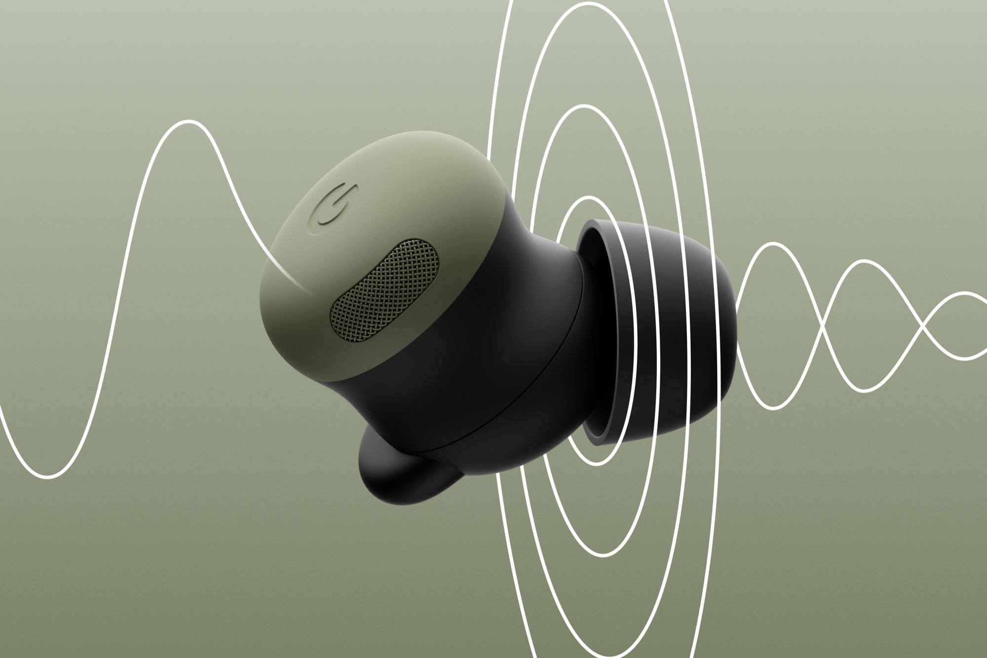 Pixel Buds Pro 2 earbud in Olive with sound wave graphics.