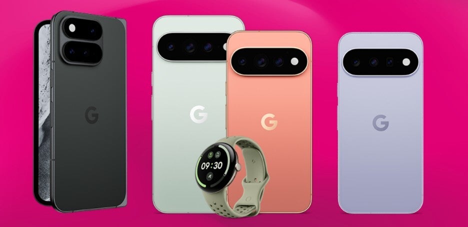 Pixel 11 series and Pixel Watch pose in front of Magenta background for T-Mobile.