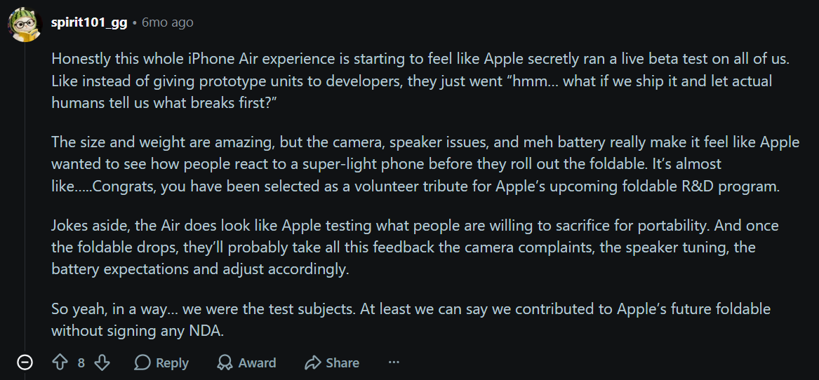The iPhone Air missed out on sales because of its lacking hardware configuration. | Image by Reddit - The iPhone Air 2 could look like a very unusual phone because of its second camera