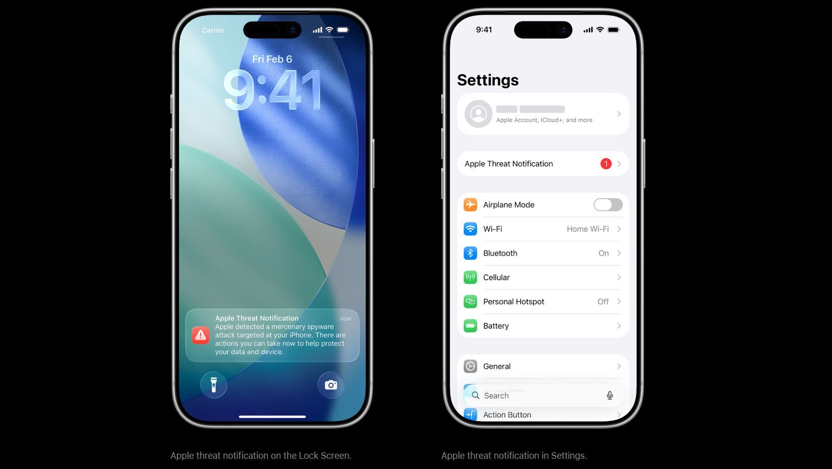 Here's what the threat notification looks like in settings and on your lock screen. | Image by Apple - Protect your iPhone! Apple broadcasts threat notifications in 110 countries