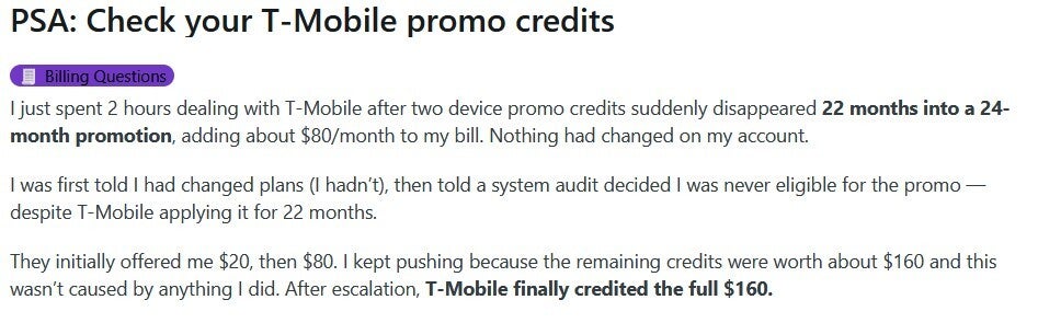 The orginal post from the T-Mobile subscriber. | Image by Reddit - T-Mobile subscribers, make sure that this hasn't happened to you