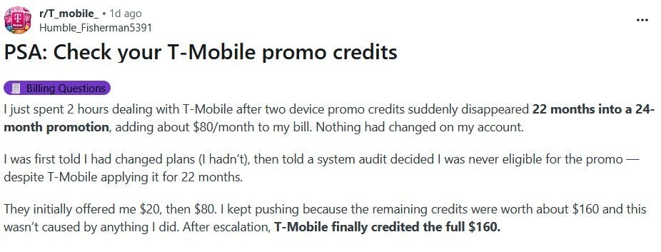 The orginal post from the T-Mobile subscriber. | Image by Reddit - T-Mobile subscribers, make sure that this hasn't happened to you