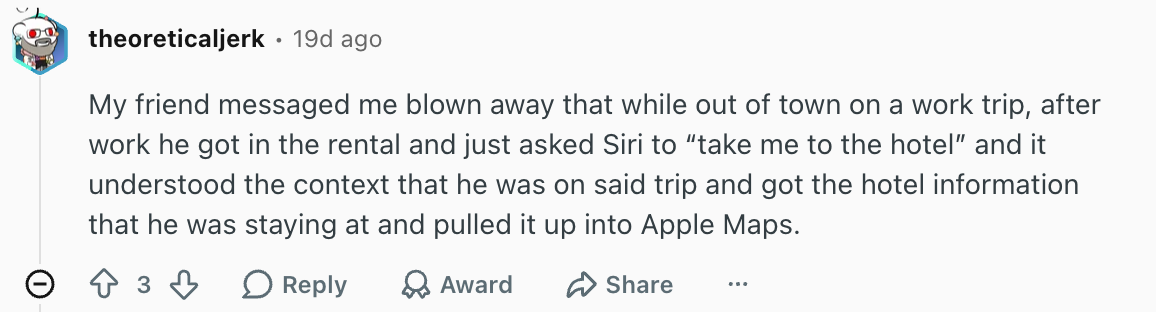 Users on Reddit are impressed with Siri AI. | Image by Reddit (Screenshot - Apple cheats on Google to help the iPhone 18 Pro sell better in China