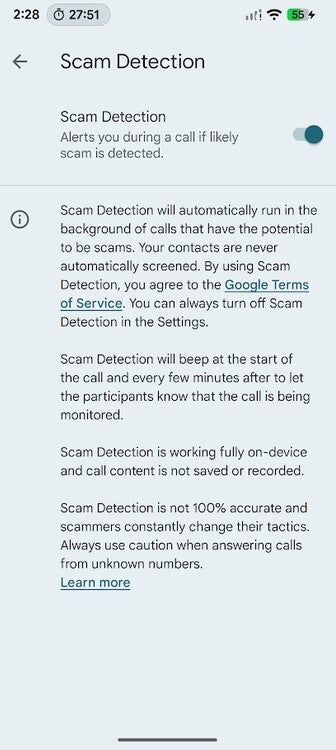 Screenshot about Scam Detection from Pixel 6 Pro.