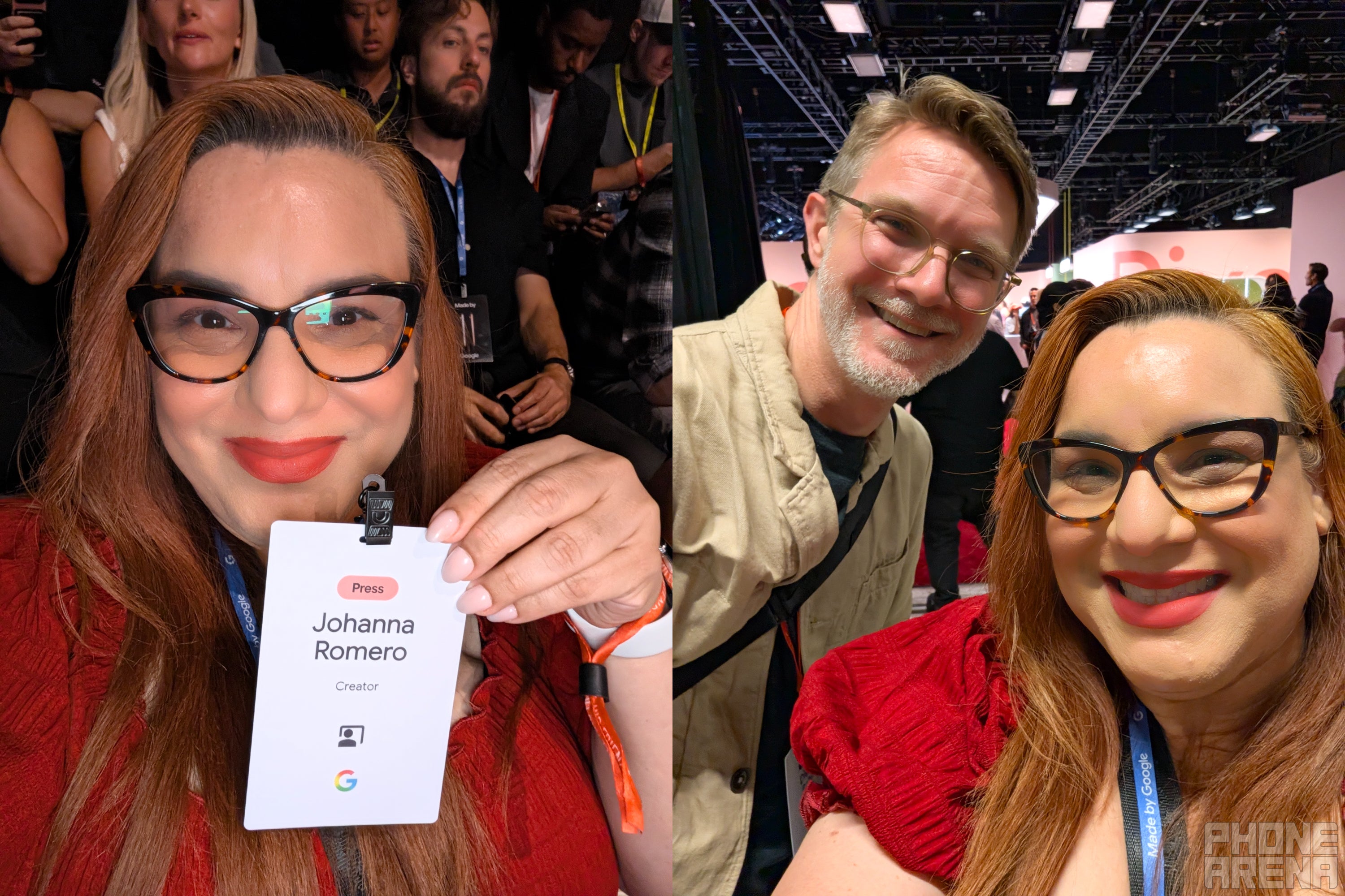JoJo holding her event creator badge, and with Google&amp;#039;s Dieter Bohn.