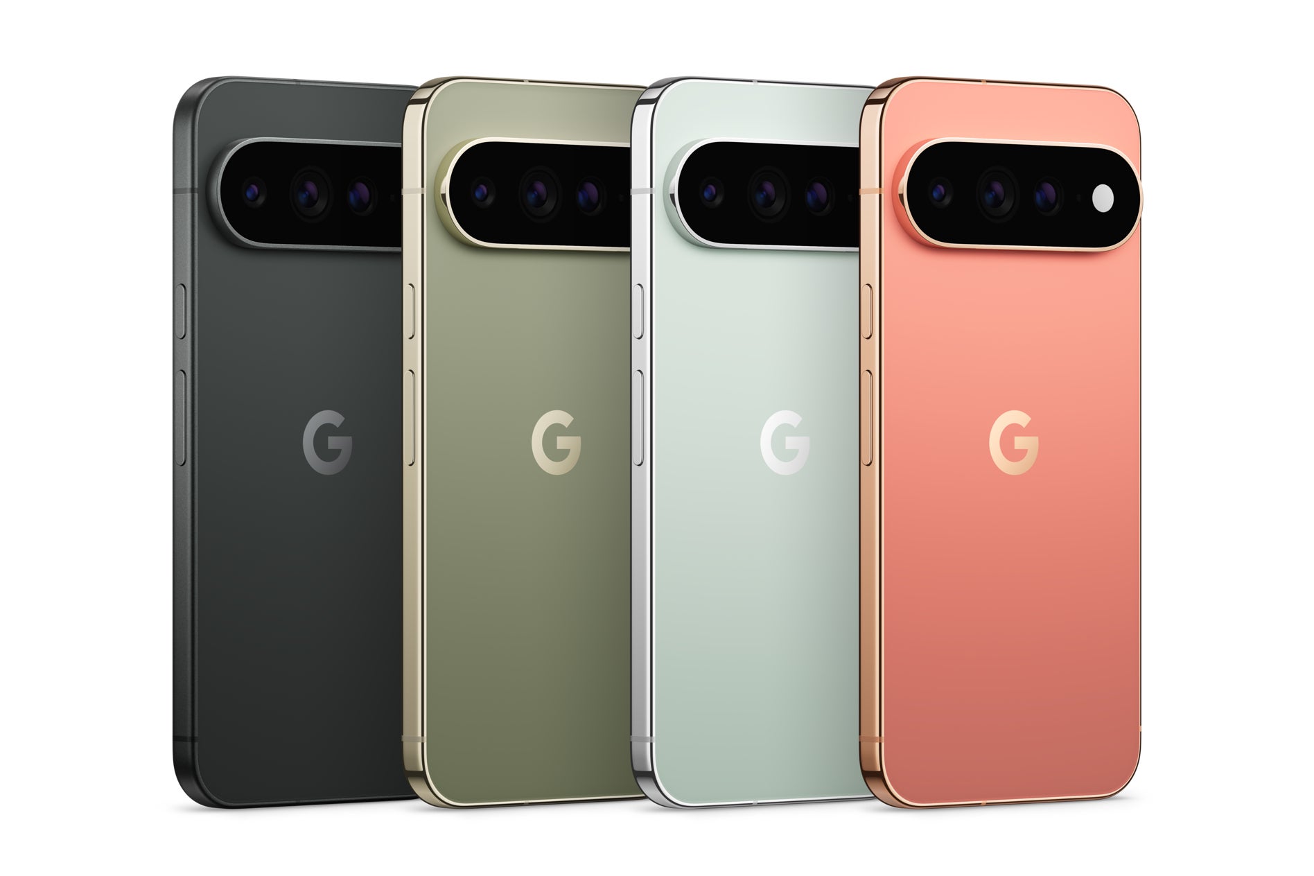 Four Pixel 11 Pro XL phones in black, green, pale grey and coral.