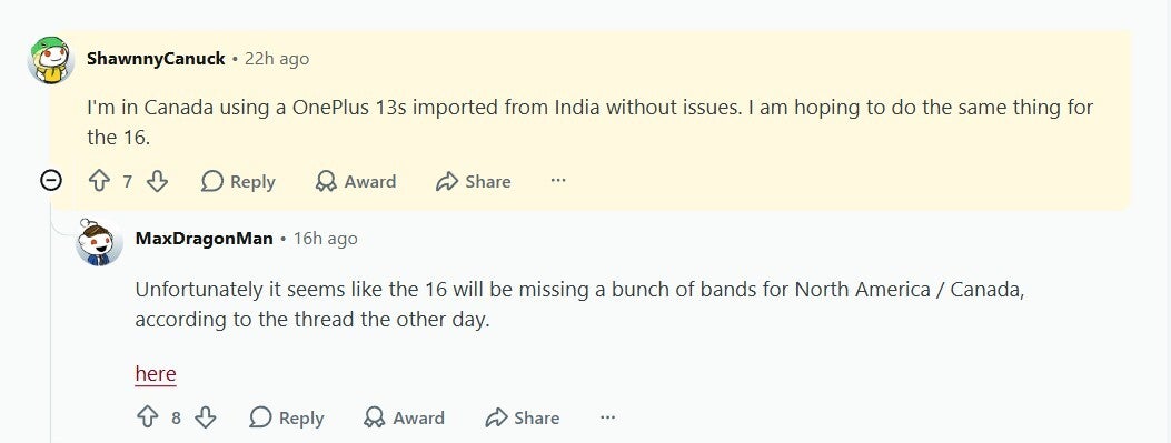 User talking about importing OnePlus 16.