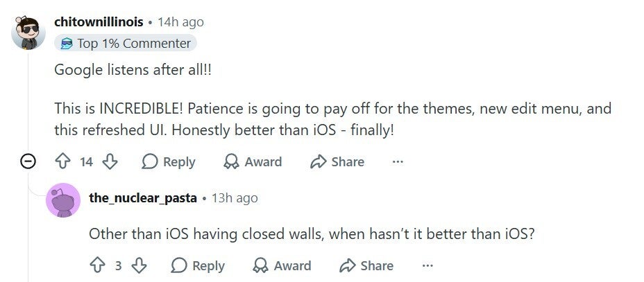 User appreciating the new pinned chats UI.