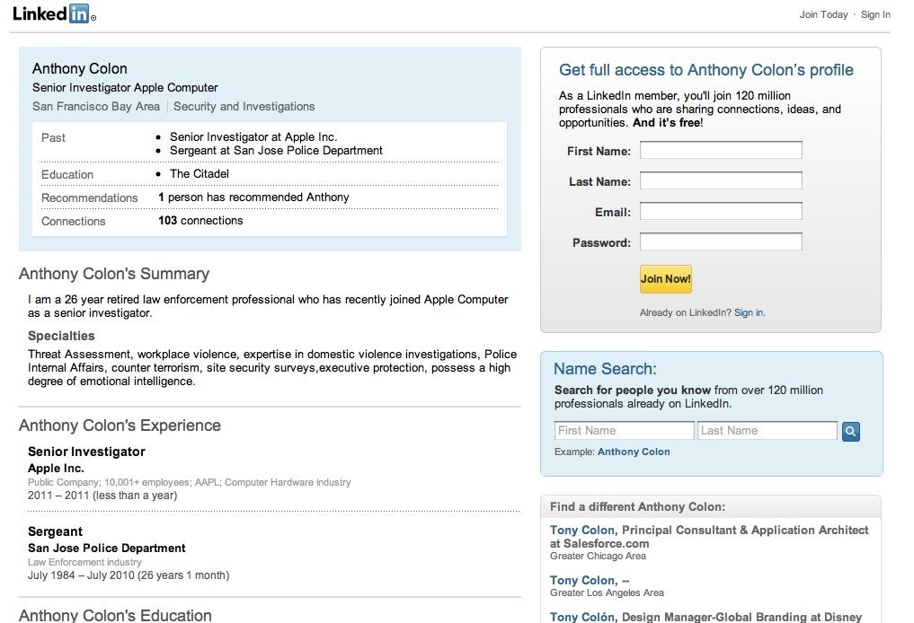 Anthony Colon&#039;s pulled LinkedIn profile revealed he is currently an Apple employee - Apple security team members might have searched home for missing iPhone 5 prototype, not police