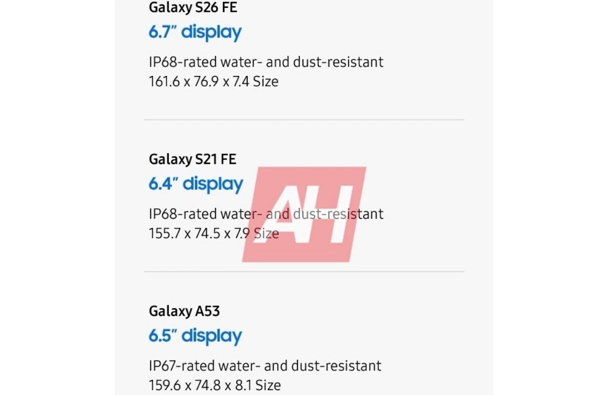 Leaked Samsung Galaxy S26 FE dimensions