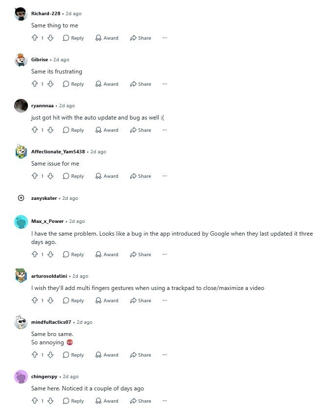 Just a small sample showing how many Redditors are dealing with this iPad focused YouTube bug. | Image by Reddit - Weird YouTube bug found to nest mostly on one specific Apple device