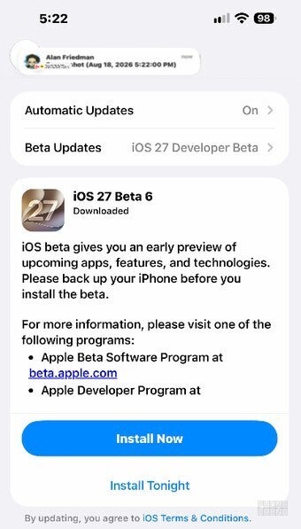 Apple releases iOS 27 Beta 6. | Image by PhoneArena - Apple, Google both drop new beta updates for iOS 27 and Android 17 QPR1