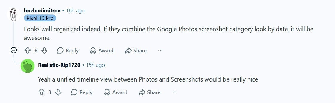 Reddit user appreciating the change in Pixel Screenshots app.