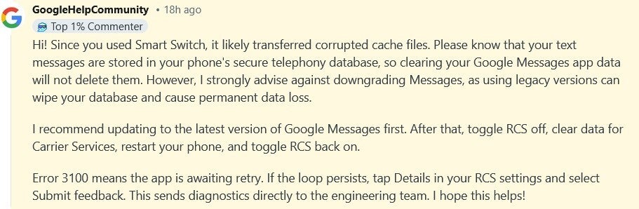 Googler responds to posts about Google Messages on Reddit.
