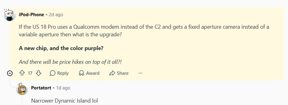 Comment about iPhone 18 Pro only getting chip and color upgrades.