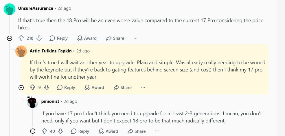 User commenting that they would not upgrade this year.