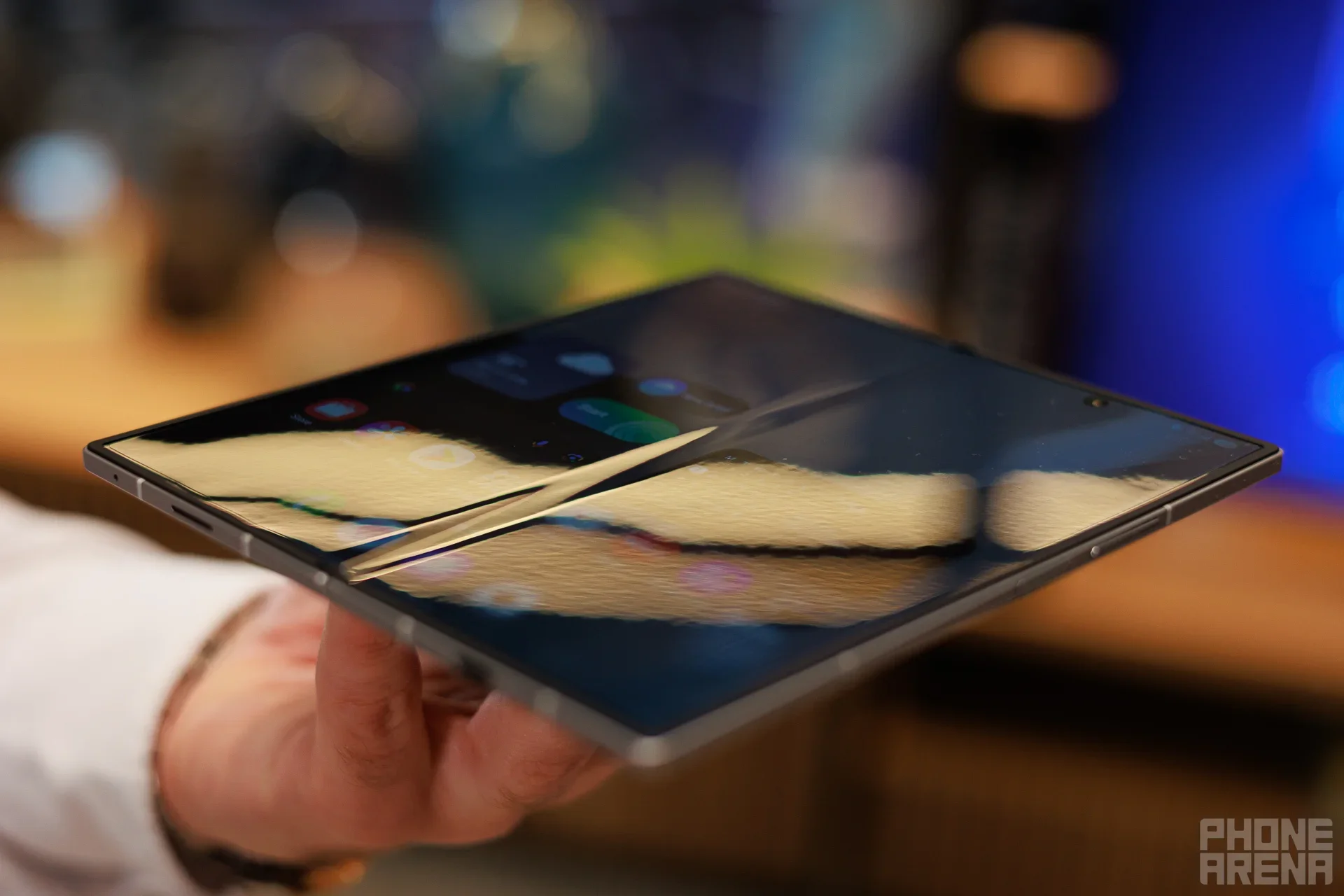 The crease on the Galaxy Z Fold 8 Ultra is still visible. | Image by PhoneArena - The Galaxy Z Fold 9 might be the first to solve the worst visual flaw on foldable phones