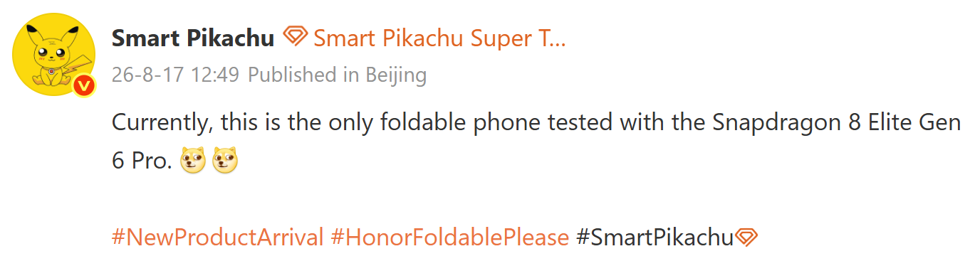 The upcoming Honor Wide Fold will most likely be the first foldable with a Snapdragon 8 Elite Gen 6 chipset. | Image by Weibo - The Galaxy Z Fold 8 is about to lose to this upcoming foldable, and I know the name of the game